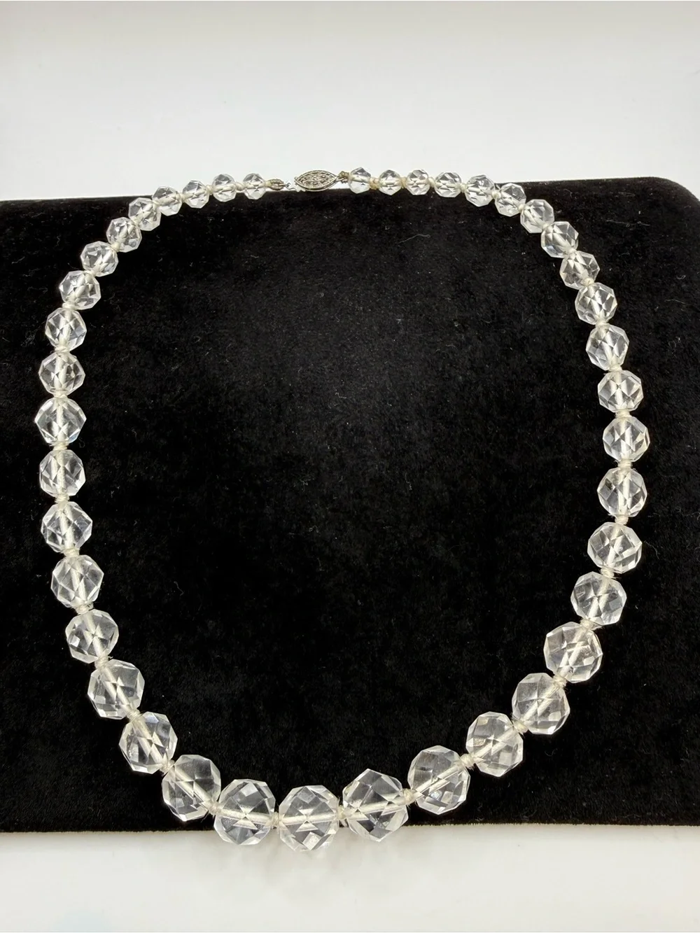 Vintage Art Deco Graduated Rock Crystal Quartz Bead Necklace Sterling 18”
